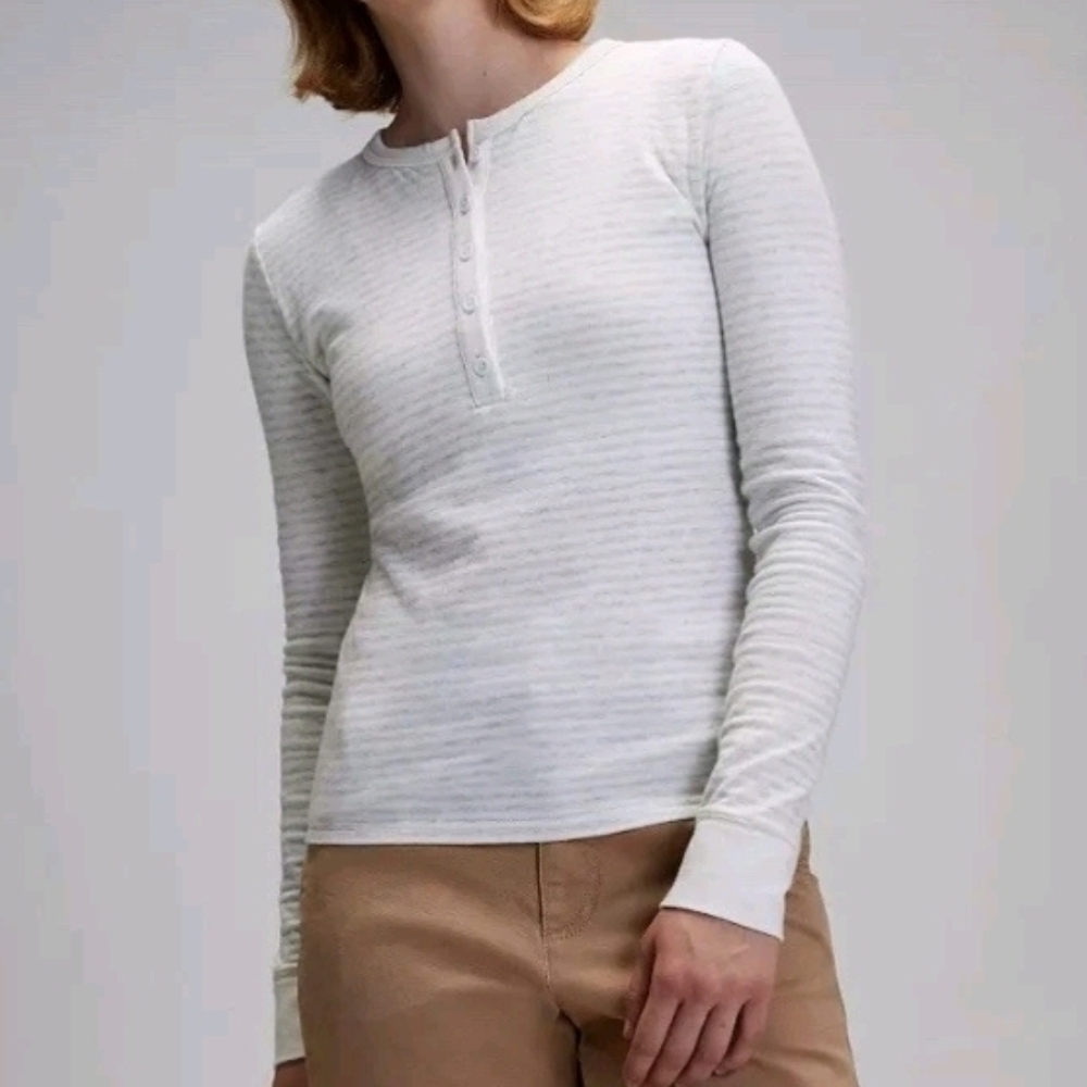 NEW! Alpine Design Women's Peak Duofold Henley Stripe -Alpine Snow/Gray Heather